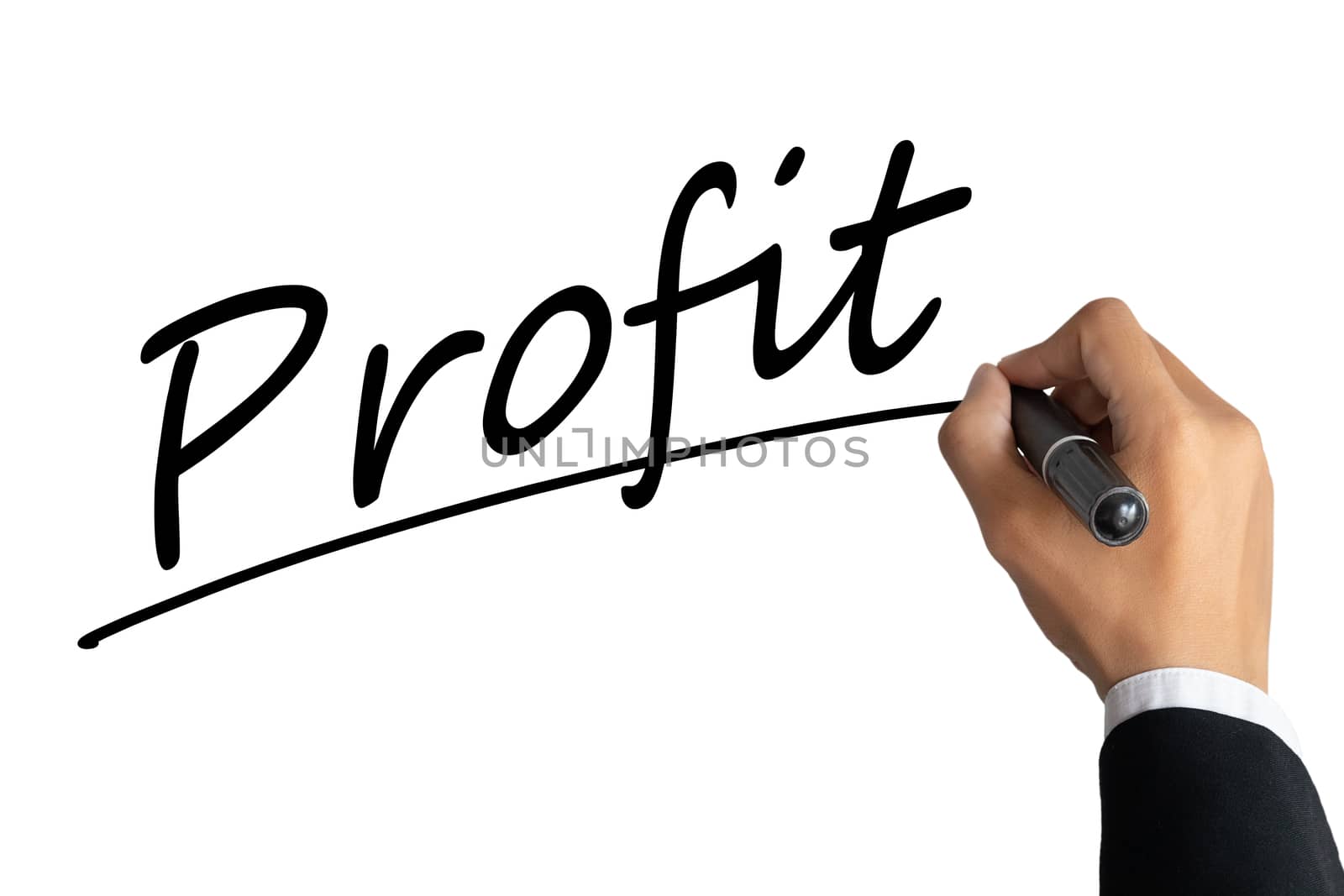 business man hand writing word profit with black color marker pen isolated on white background. profit from success business concept by asiandelight