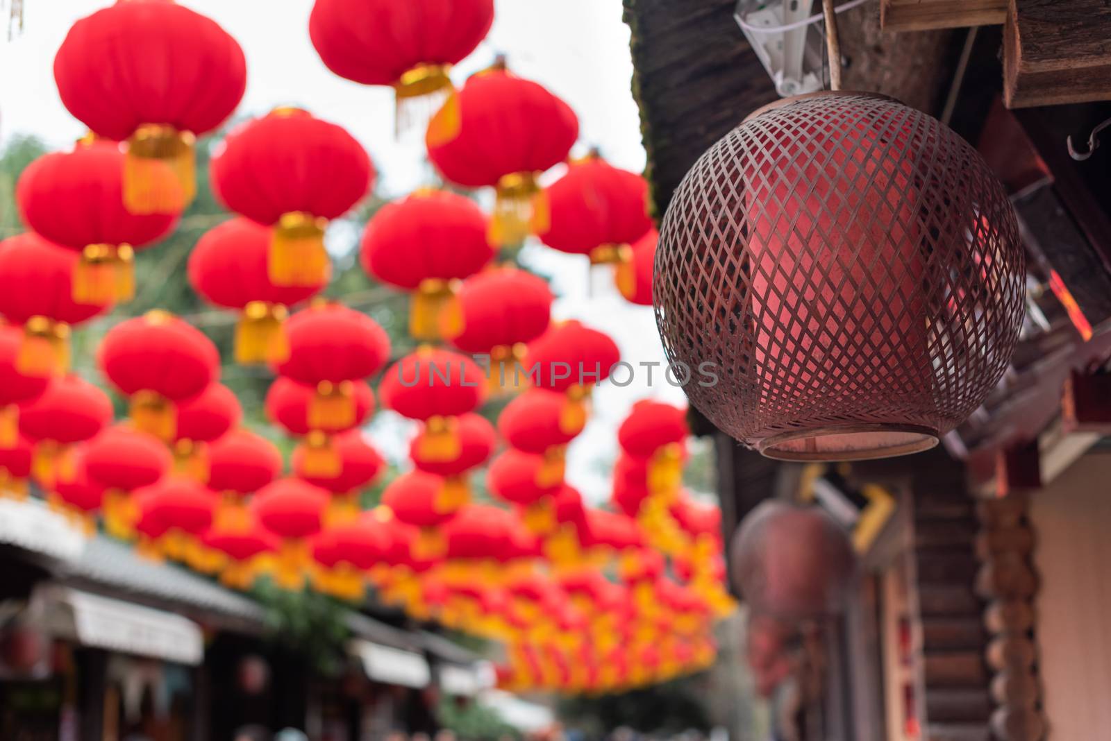 Red chinese lanterns hanging in the street for the chinese new year