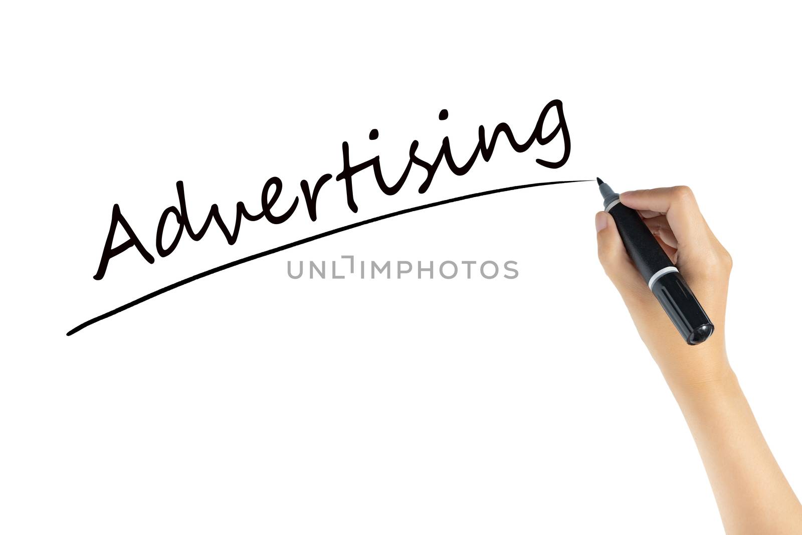 hand writing word advertising with black color marker pen isolated on white background. space of advertising for marketing concept
