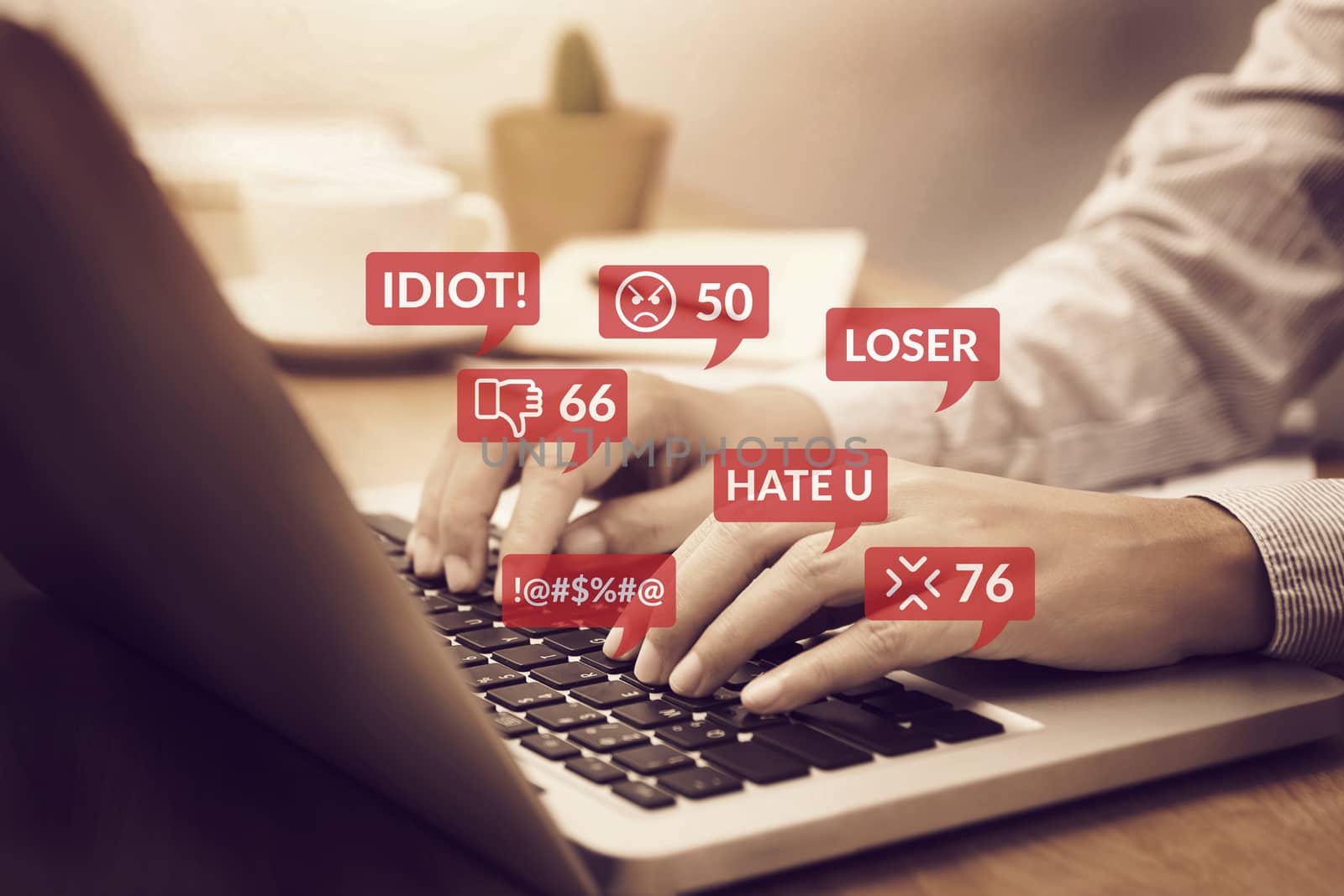 cyber bullying concept. people using notebook computer laptop for social media interactions with notification icons of hate speech and mean comment in social network by asiandelight