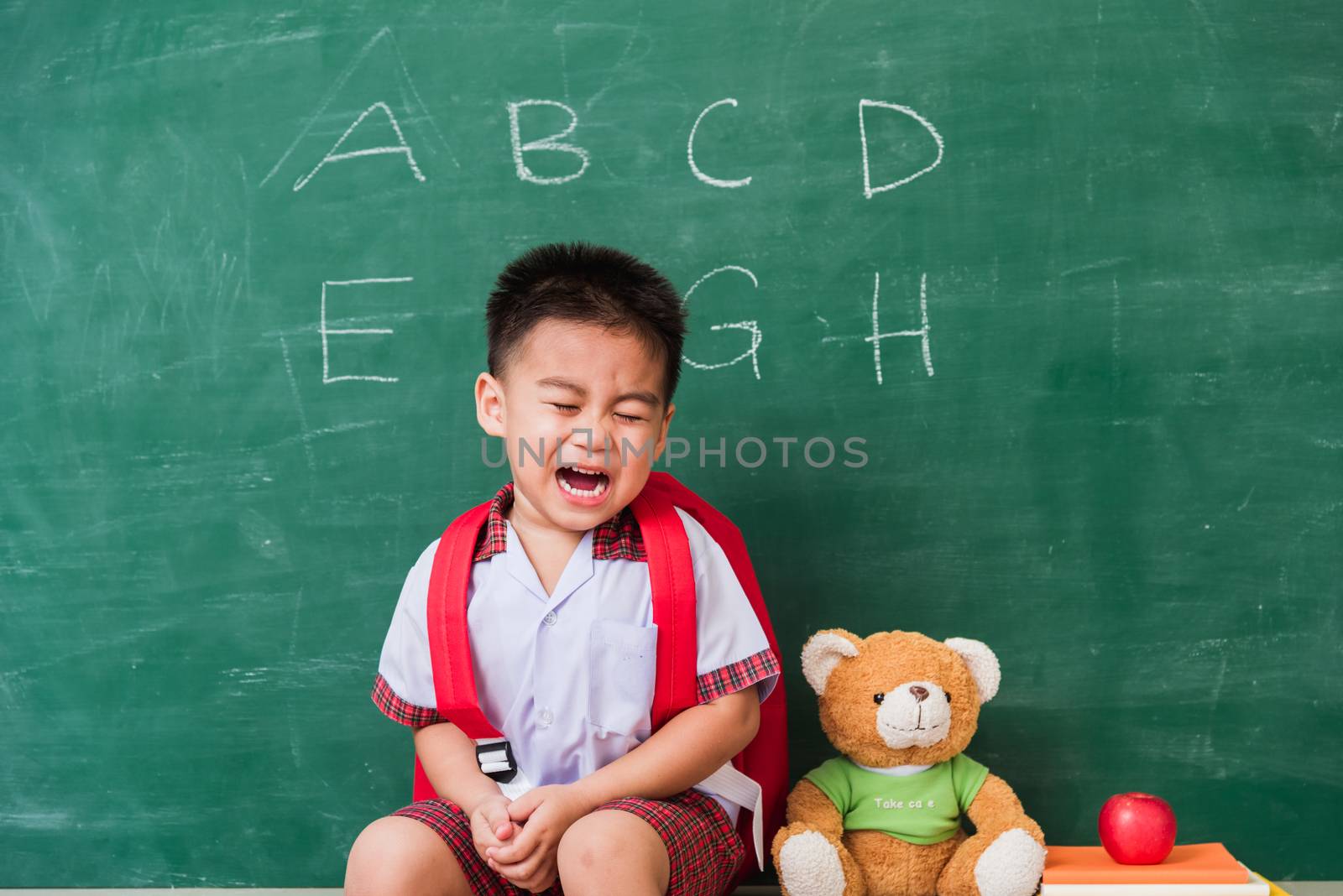 Back to School. Happy Asian funny cute little child boy kindergarten preschool in student uniform with school bag, book sit with teddy bear on green school blackboard, First time to school education