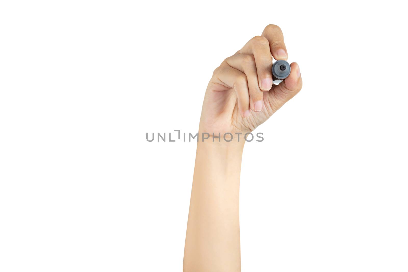 hand holding black magic marker pen ready to writing something isolated on white background with copy space, studio shot, front view