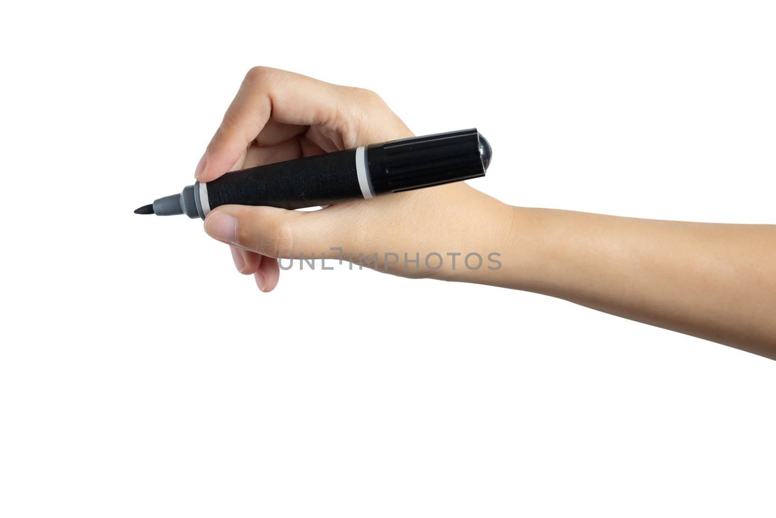 hand holding black magic marker pen ready to writing something isolated on white background with copy space, studio shot, side view by asiandelight