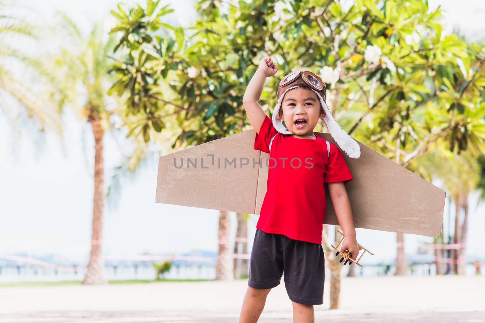 Happy Asian funny child or kid little boy smile wear pilot hat and goggles play toy cardboard airplane wing flying against summer sky cloud on trees garden background, Startup freedom concept