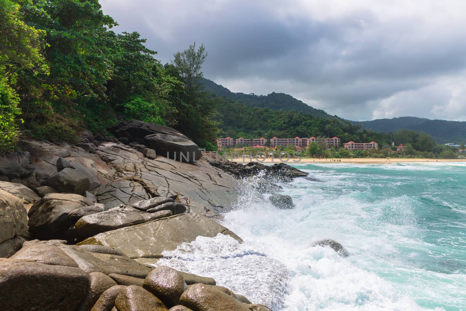 Waves are beating against rocks of a rocky shore