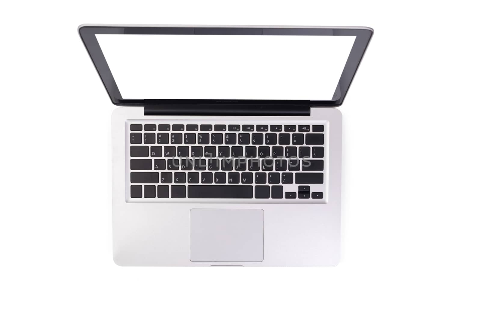 laptop computer mock up with empty blank white screen isolated on white background with clipping path, top view. modern computer technology concept