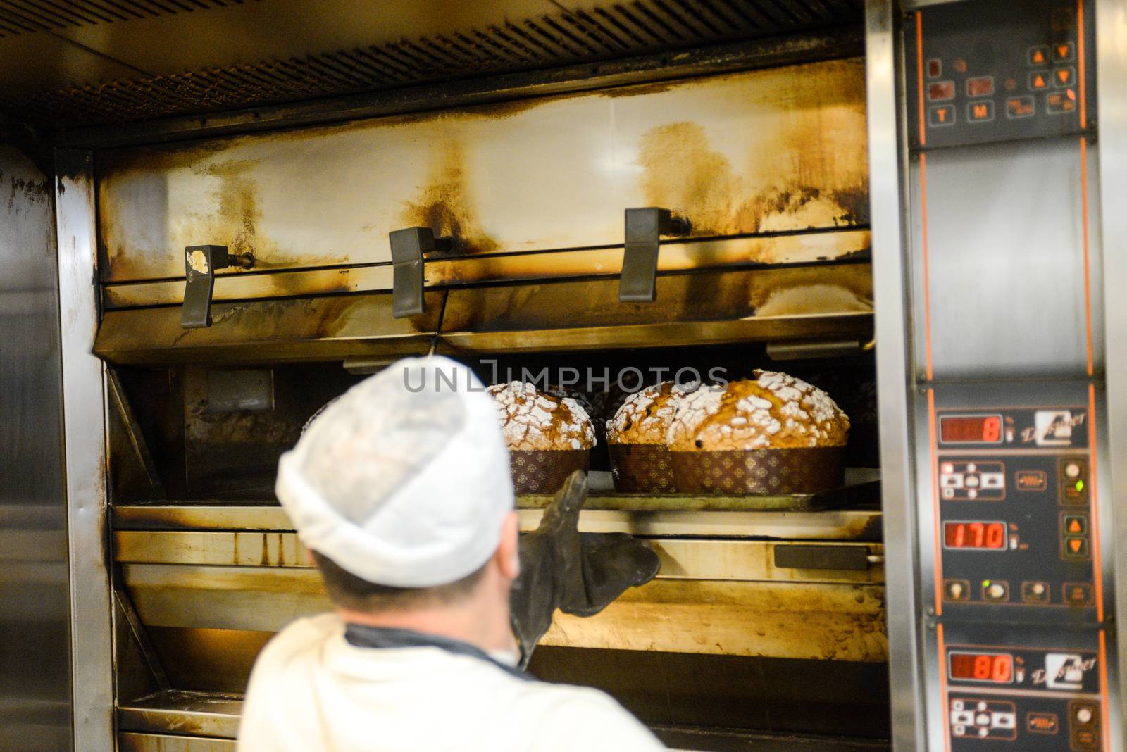 pastry chef in professional kitchen preparing and baking milanese panettone in christmas time. by verbano