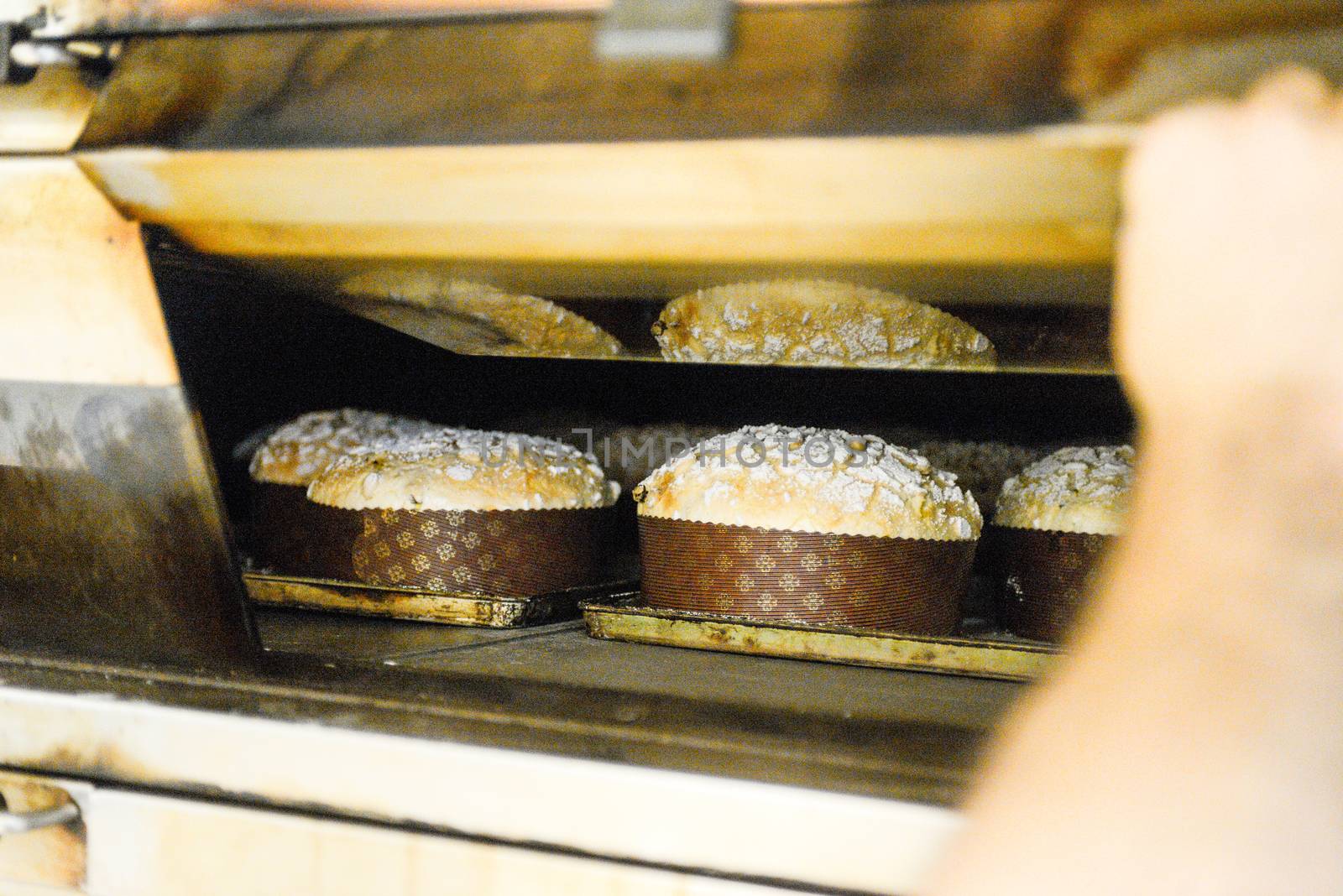 pastry chef in professional kitchen preparing and baking milanese panettone in christmas time. by verbano