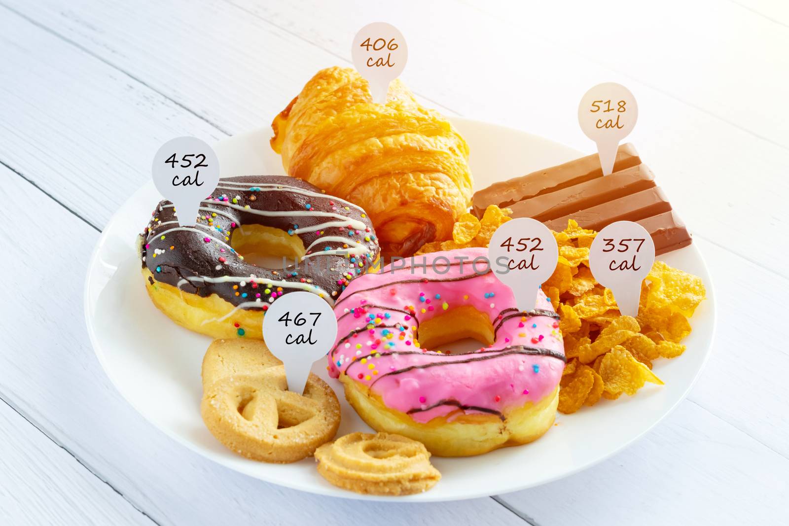 Calories counting and food control concept. doughnut ,croissant ,chocolate and cookies with label of quantity of calories for Calories measuring by asiandelight