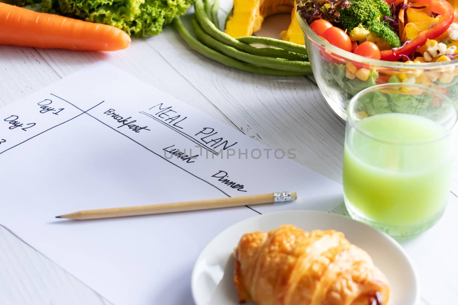 Calories control, meal plan, food diet and weight loss concept. top view of meal plan table on paper with salad, fruit juice, bread and vegetable by asiandelight