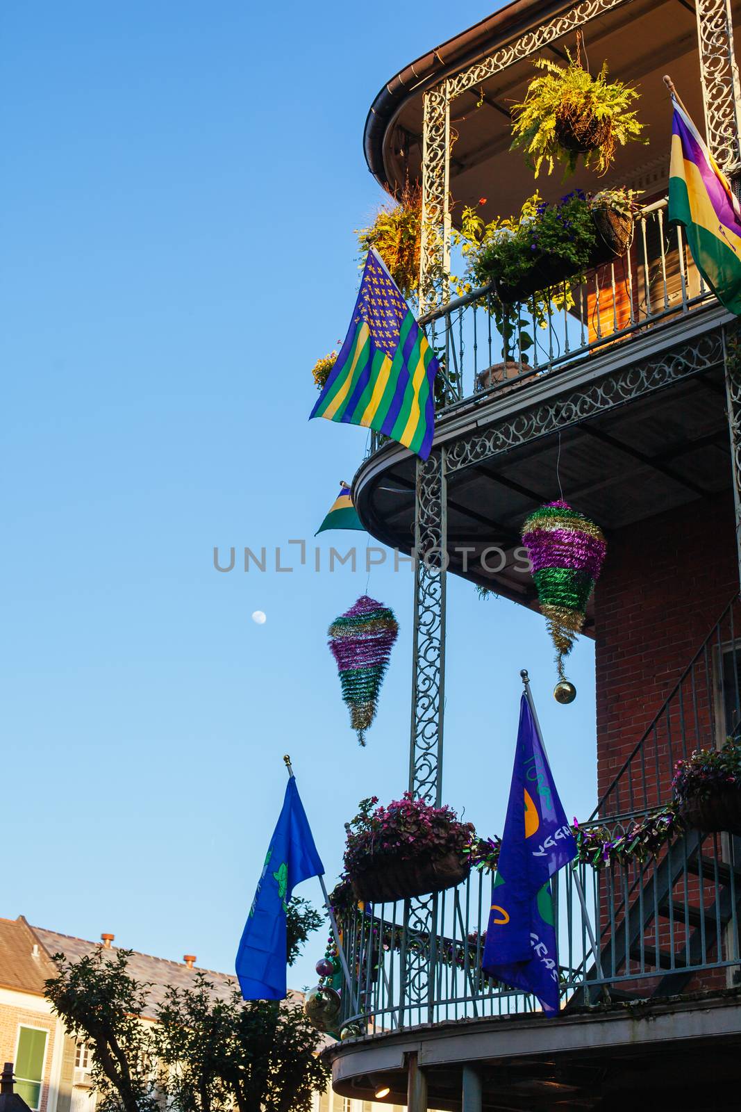 Flowers in baskets hang off shutter doors during Mardi Gras in New Orleans, Louisiana, USA