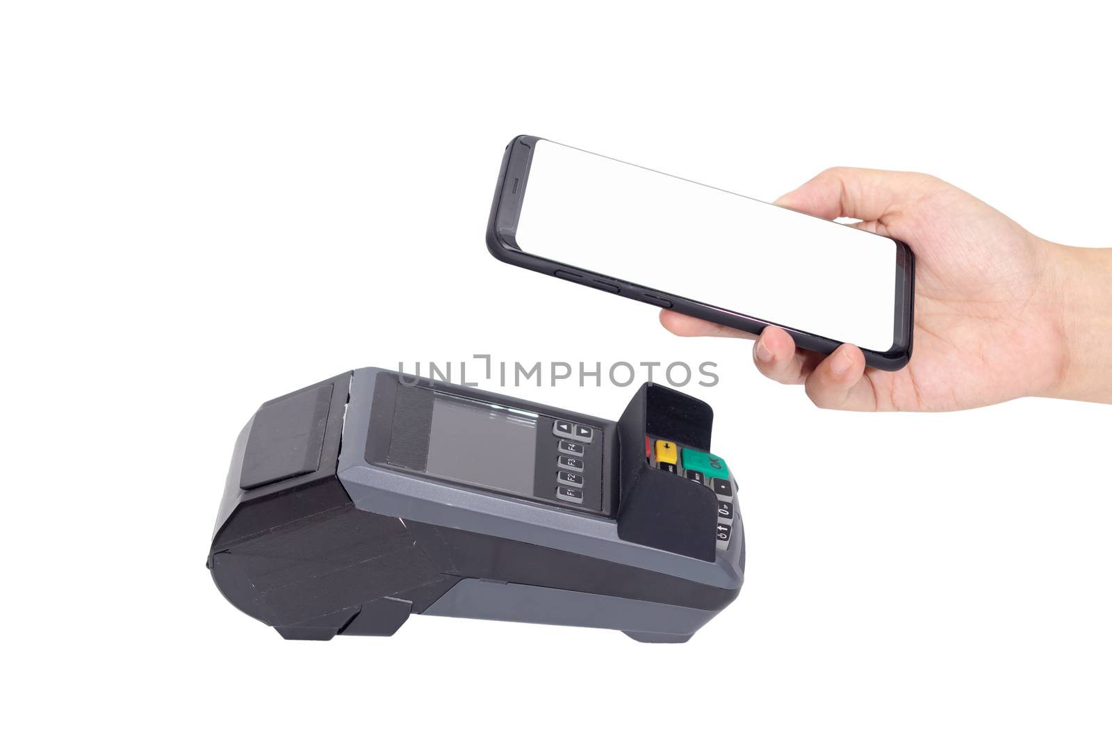 cashless Society, customer paying bill through smartphone using NFC technology at point of sale terminal with clipping path. contactless by mobile digital wallet technology concept by asiandelight