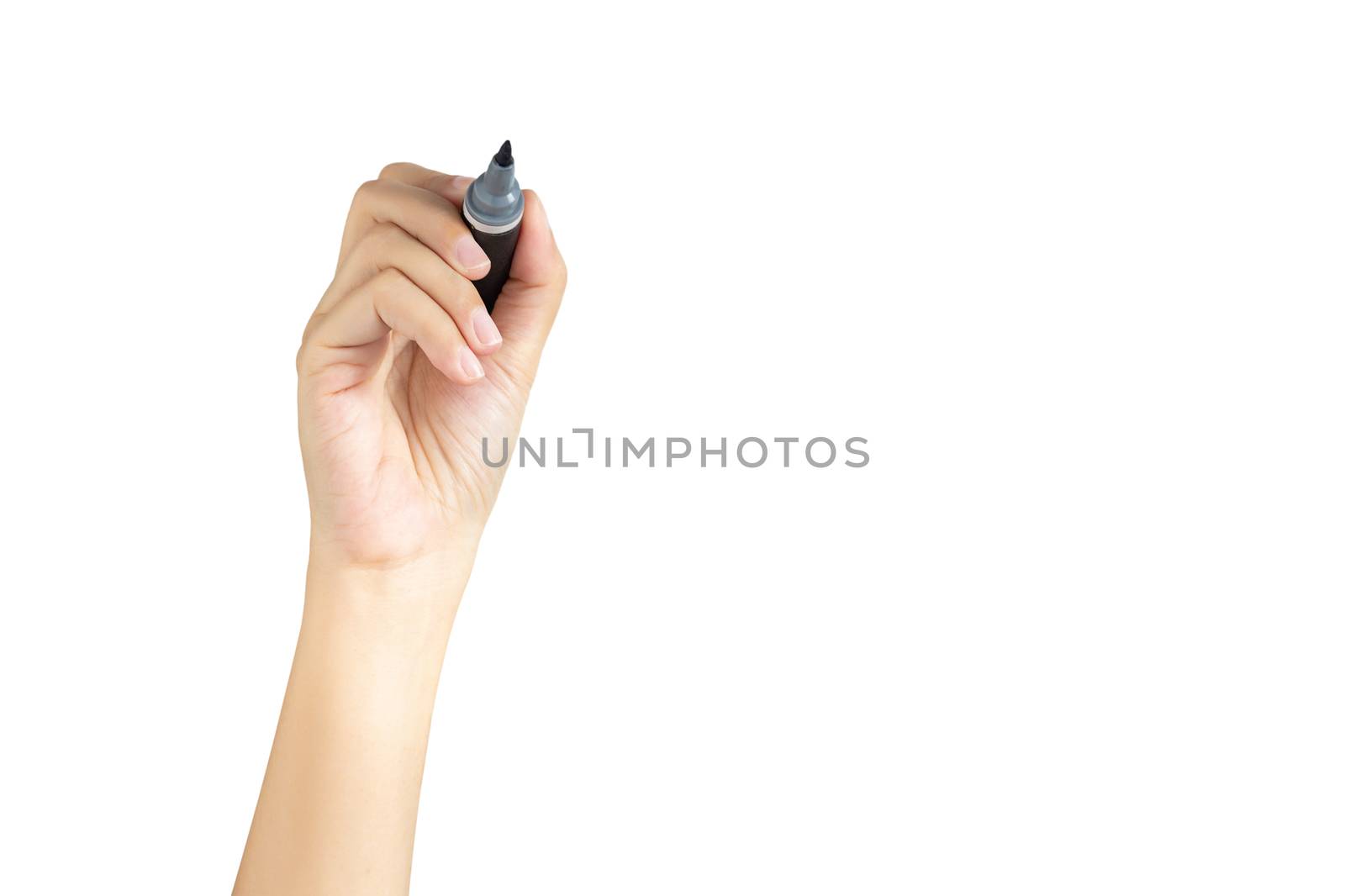 hand holding black magic marker pen ready to writing something isolated on white background with copy space, studio shot, front view by asiandelight