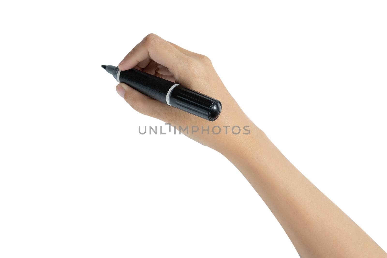 close up of hand holding black magic marker pen ready to writing something isolated on white background with copy space, studio shot, back view