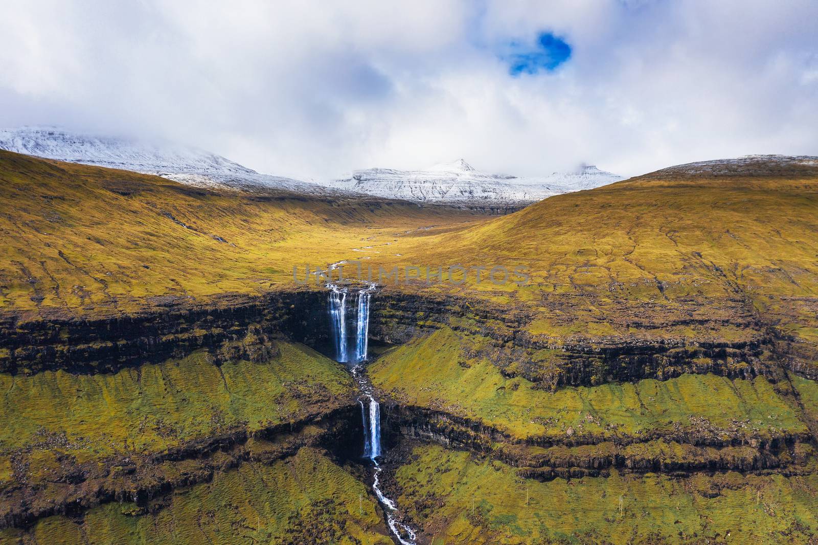 Aerial view of the Fossa Waterfall on island Bordoy in the Faroe Islands by nickfox