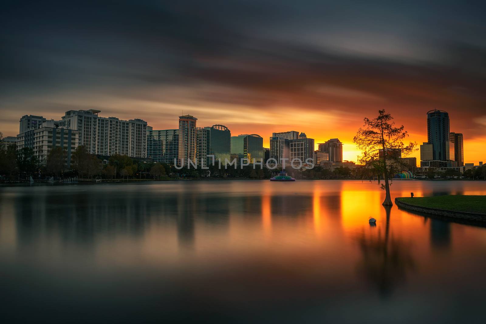 Colorful sunset above Lake Eola and city skyline in Orlando, Florida by nickfox