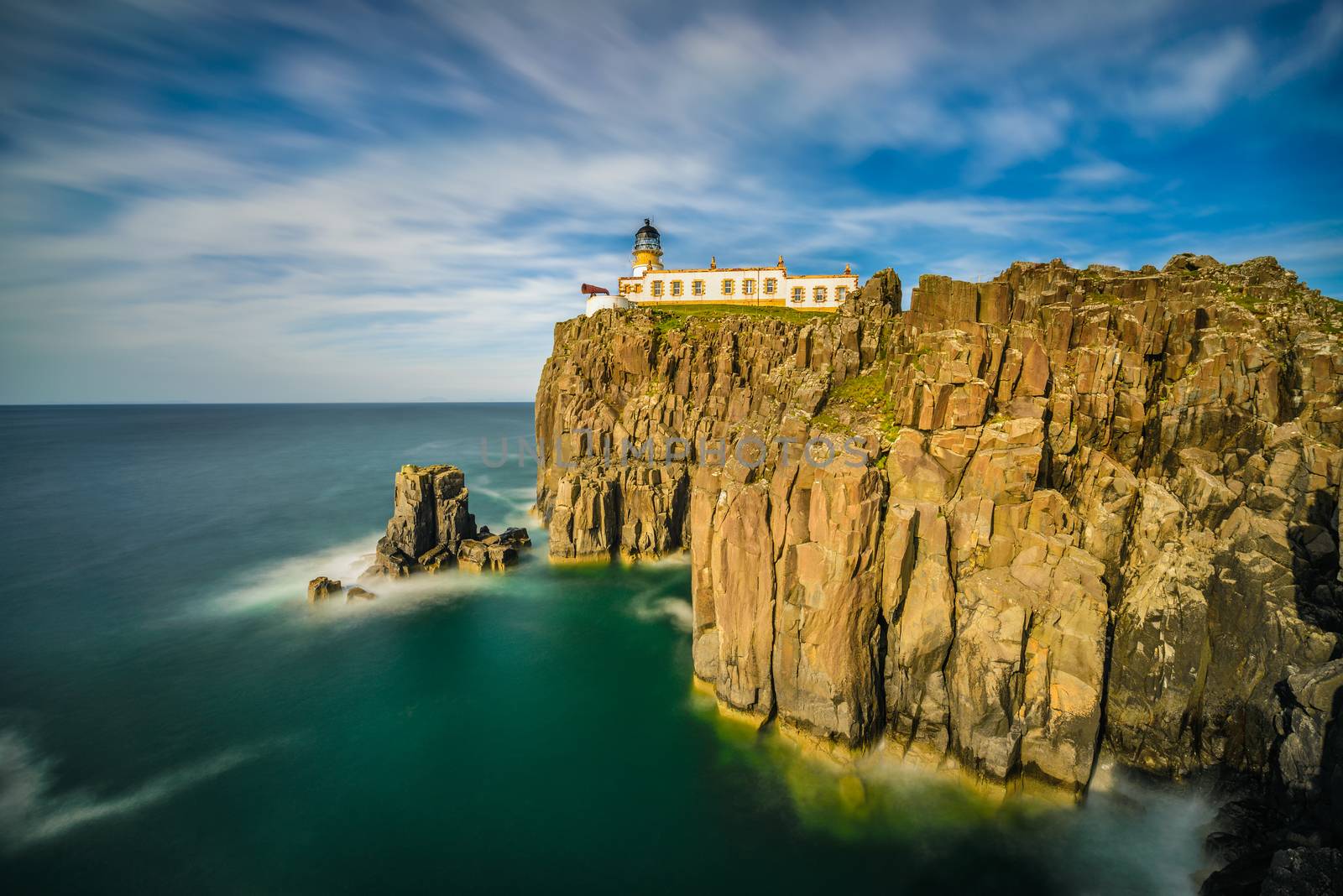 Neist Point lighthouse at Isle of Skye, Scottish highlands, United Kingdom. Long exposure