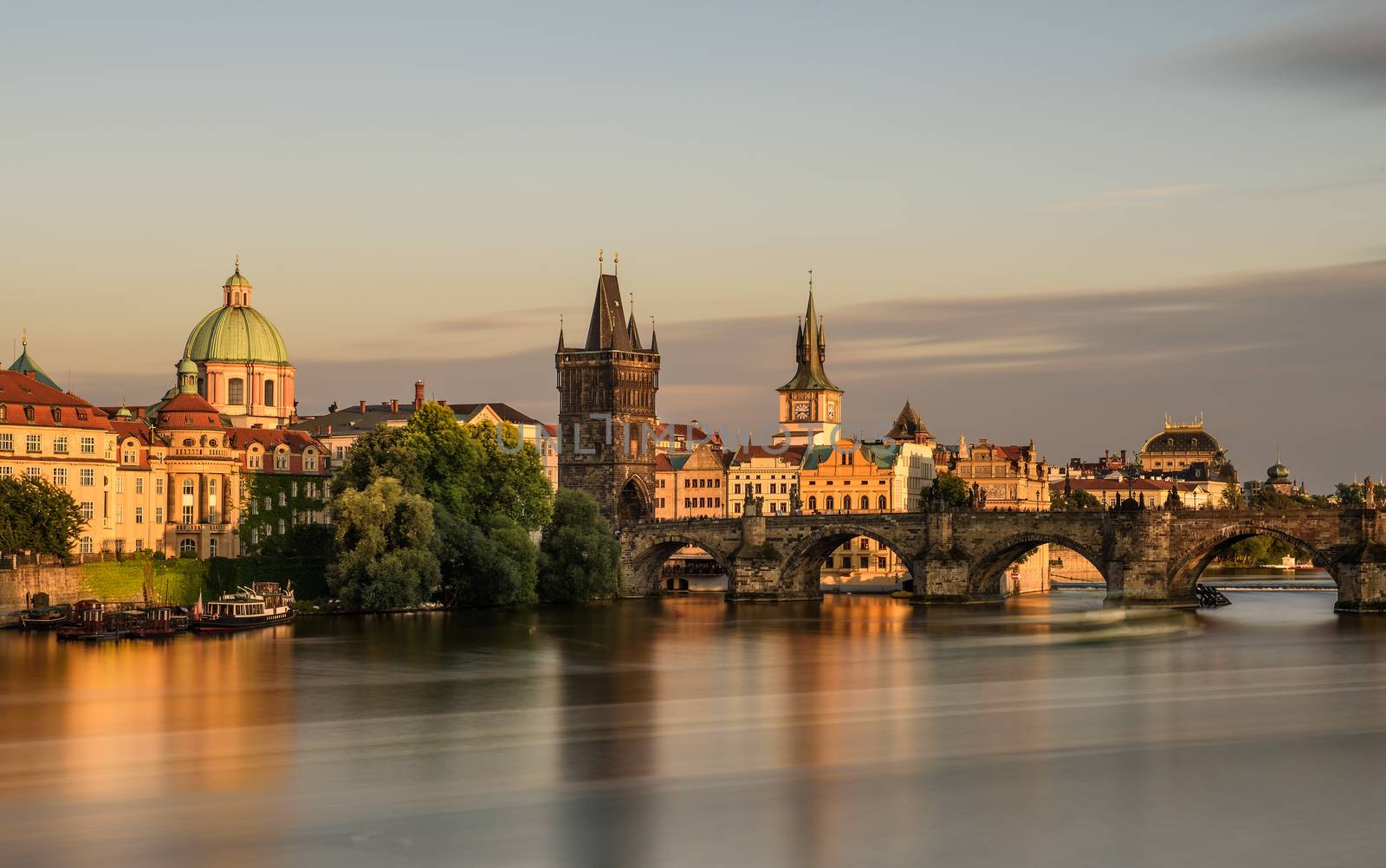 Charles bridge in the old town of Prague at sunset. Long exposure.