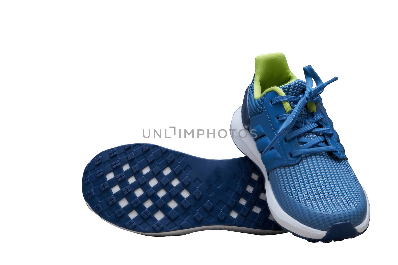 blue  sport shoes with shoes sole base on white isolated background