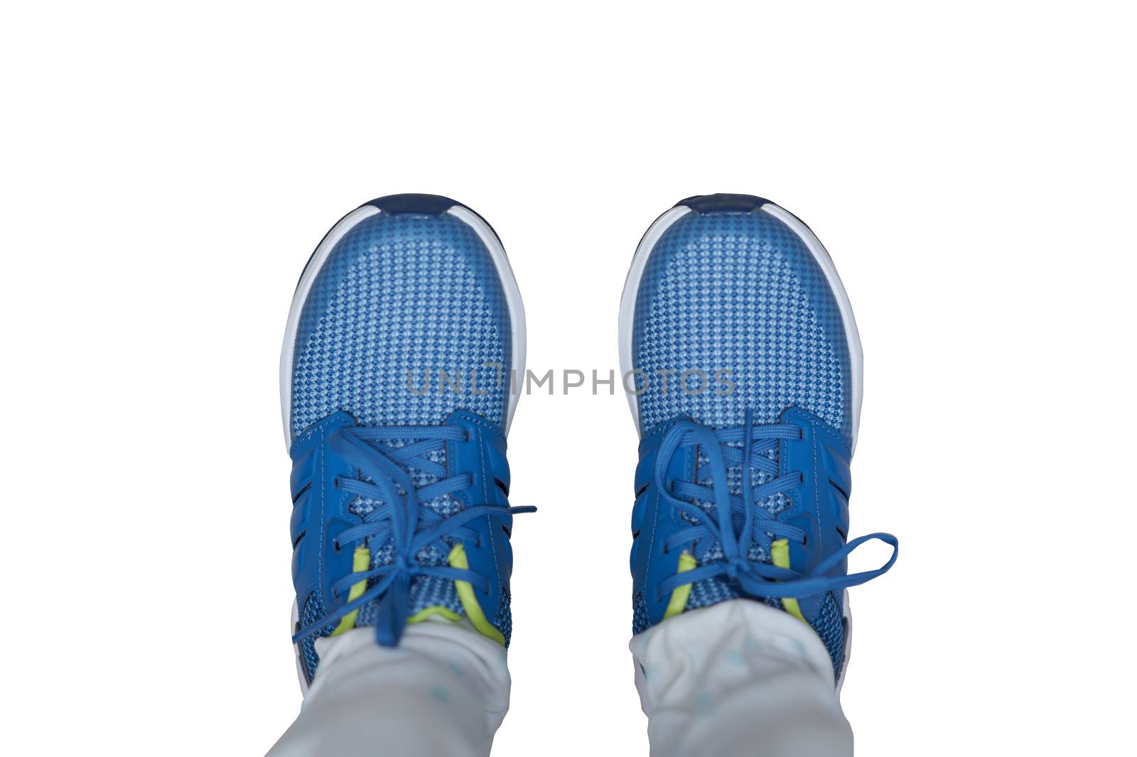blue sport shoes on wearing ,top view on isolated white background