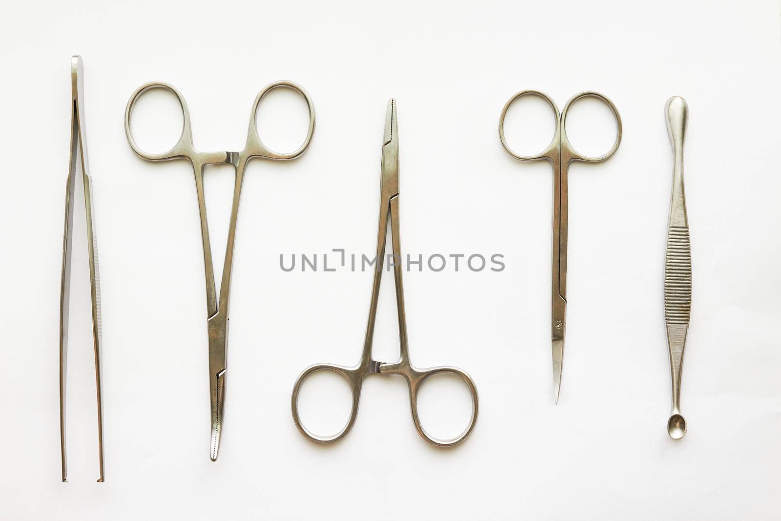 Doctor tools ,curettage ,cramps,forceps and scissors on white background with copy space