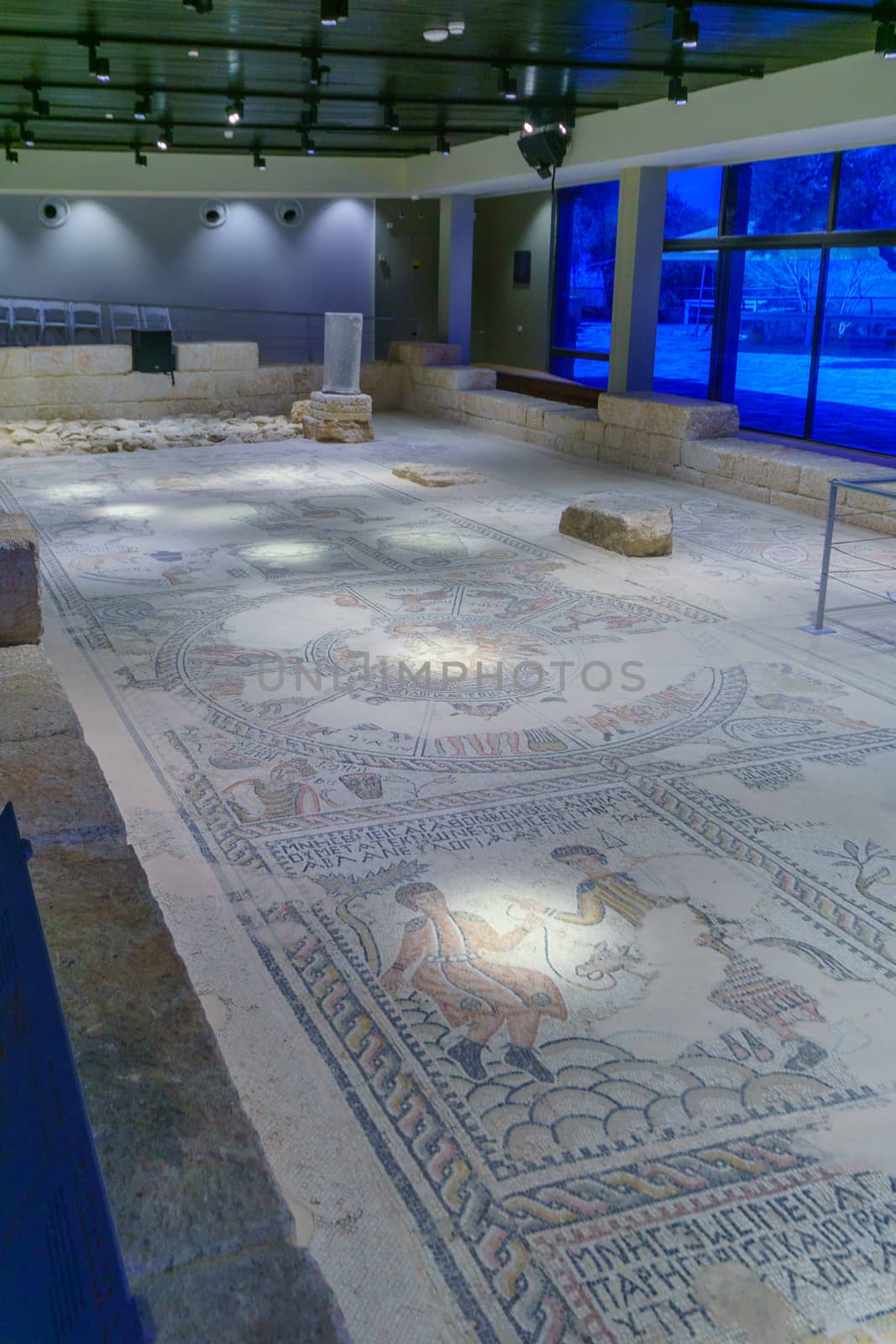 Tzipori, Israel - March 13, 2019: Mosaic floor in the Roman period Synagogue, in Tzipori (Sepphoris) National Park, Northern Israel