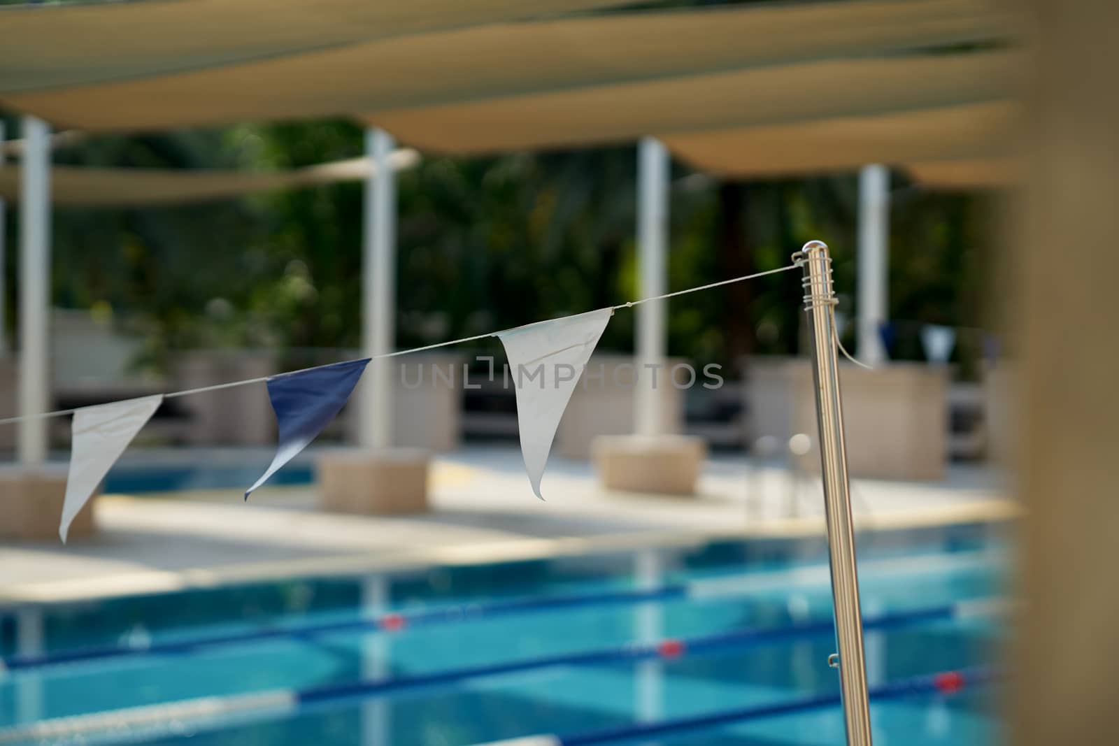 Flag line on string at swimming pool in race concept
