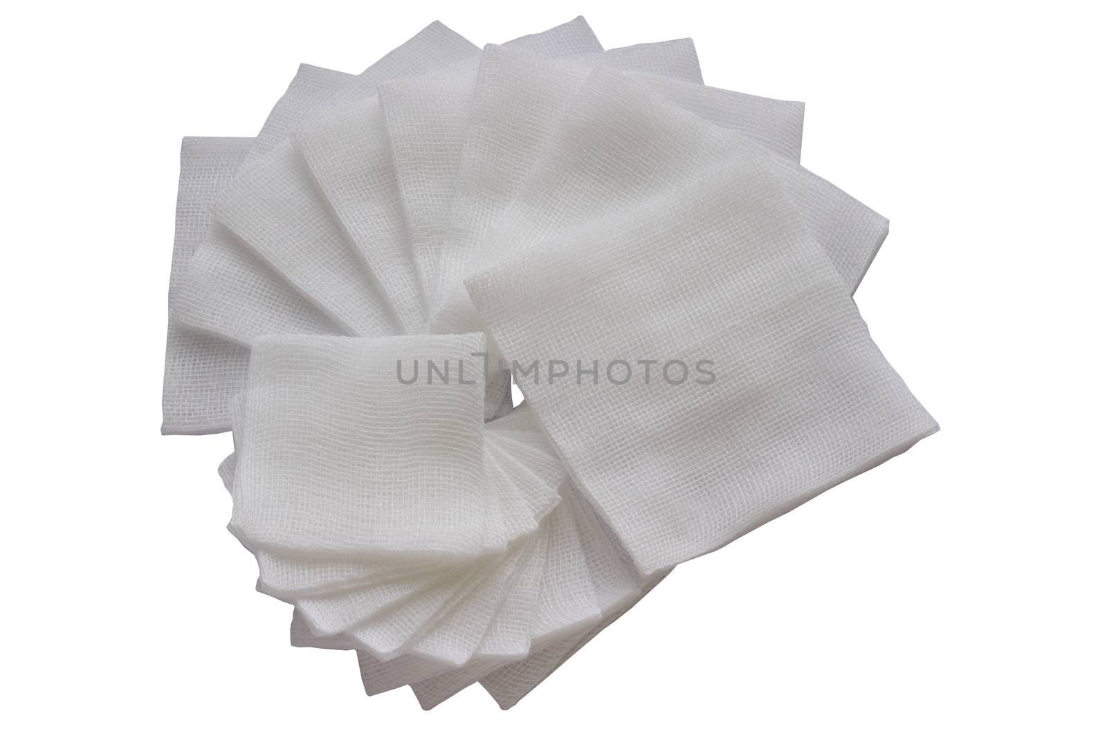 Pile of big and small size pad gauzes on isolated white background in fan shape