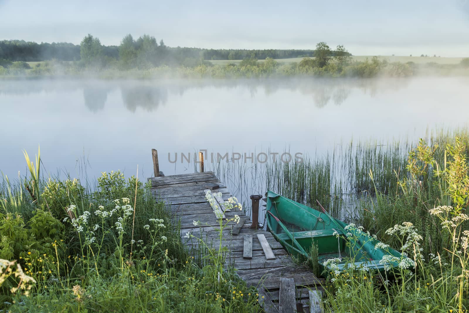 River before sunrise in the fog in the countryside