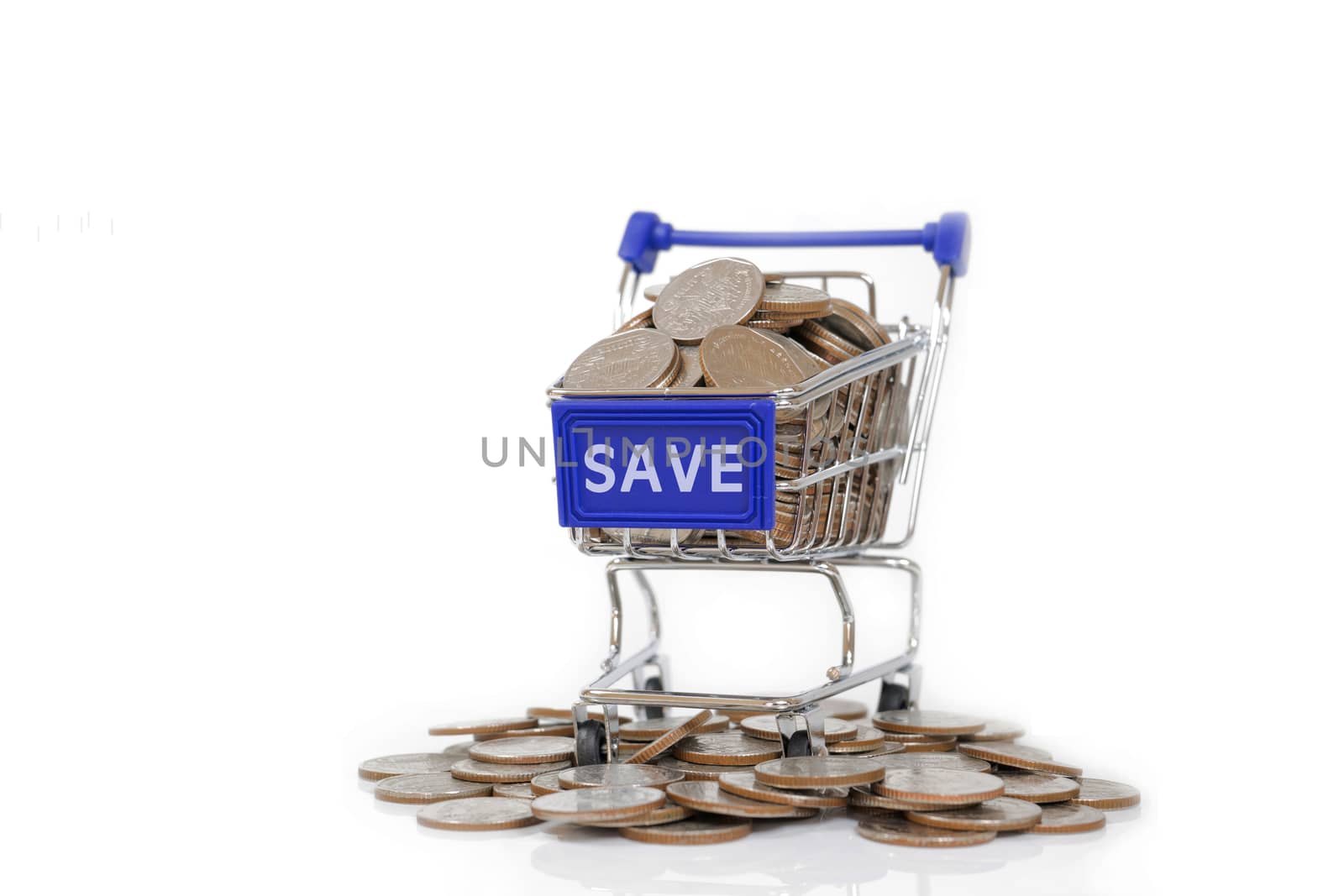 Save concept with shopping cart with full of coin.