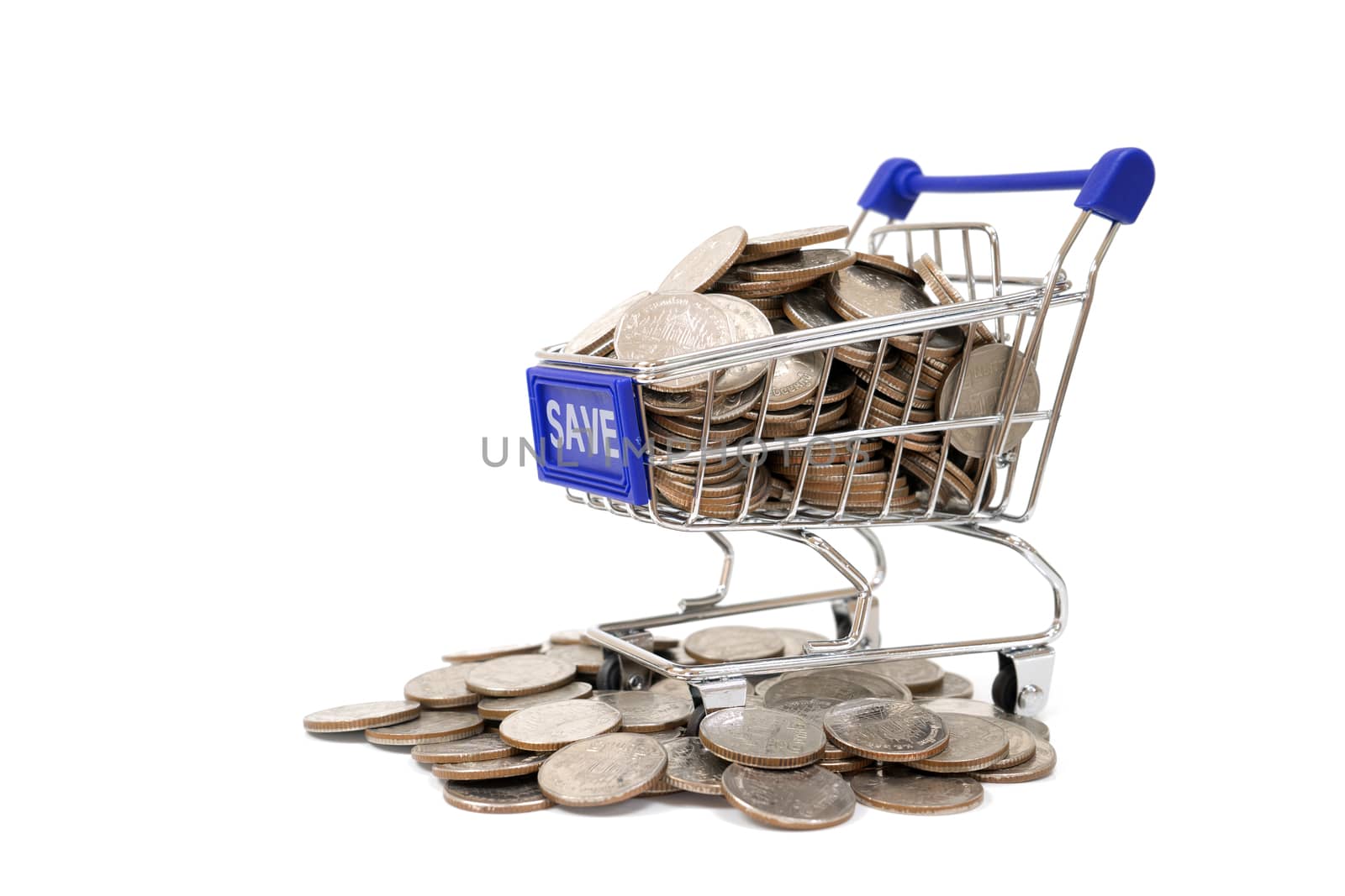Save concept with shopping cart with full of coin.