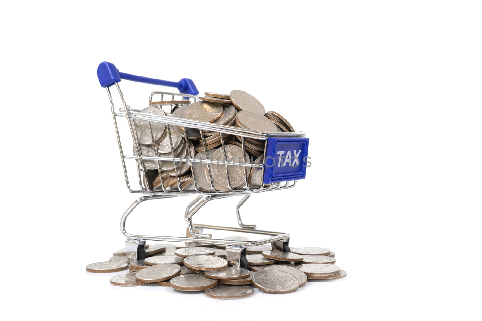 TAX concept with shopping cart with full of coin.