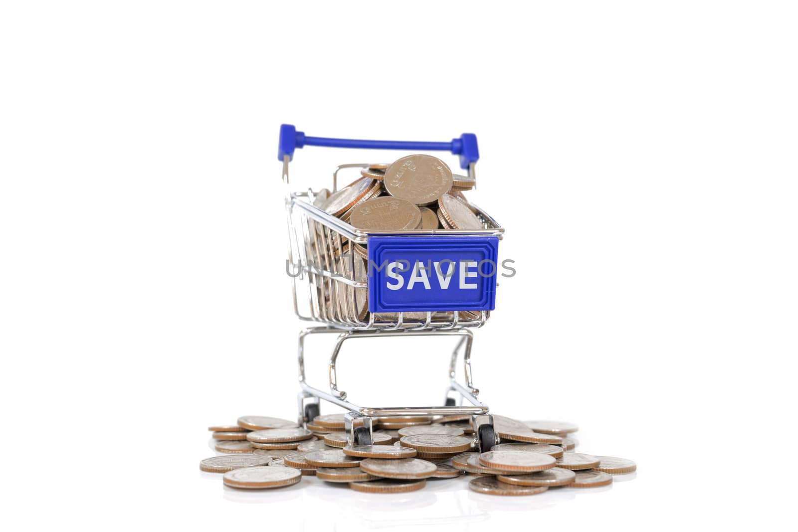 Save concept with shopping cart with full of coin.