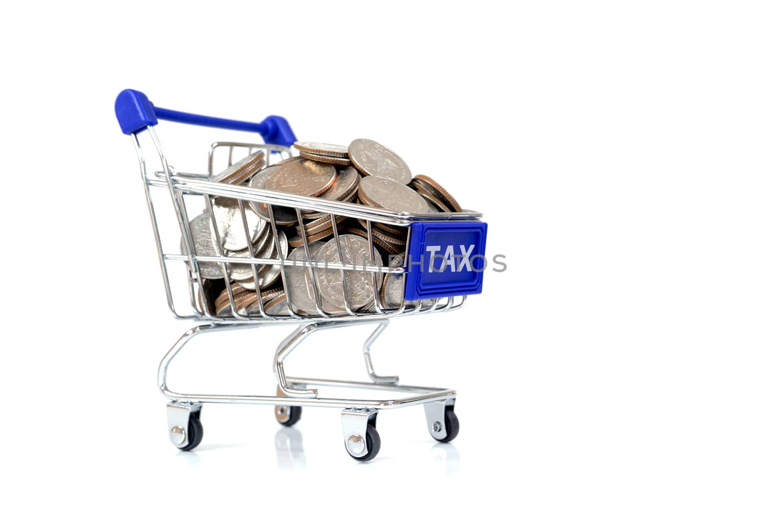 Tax concept with shopping cart with full of coin.