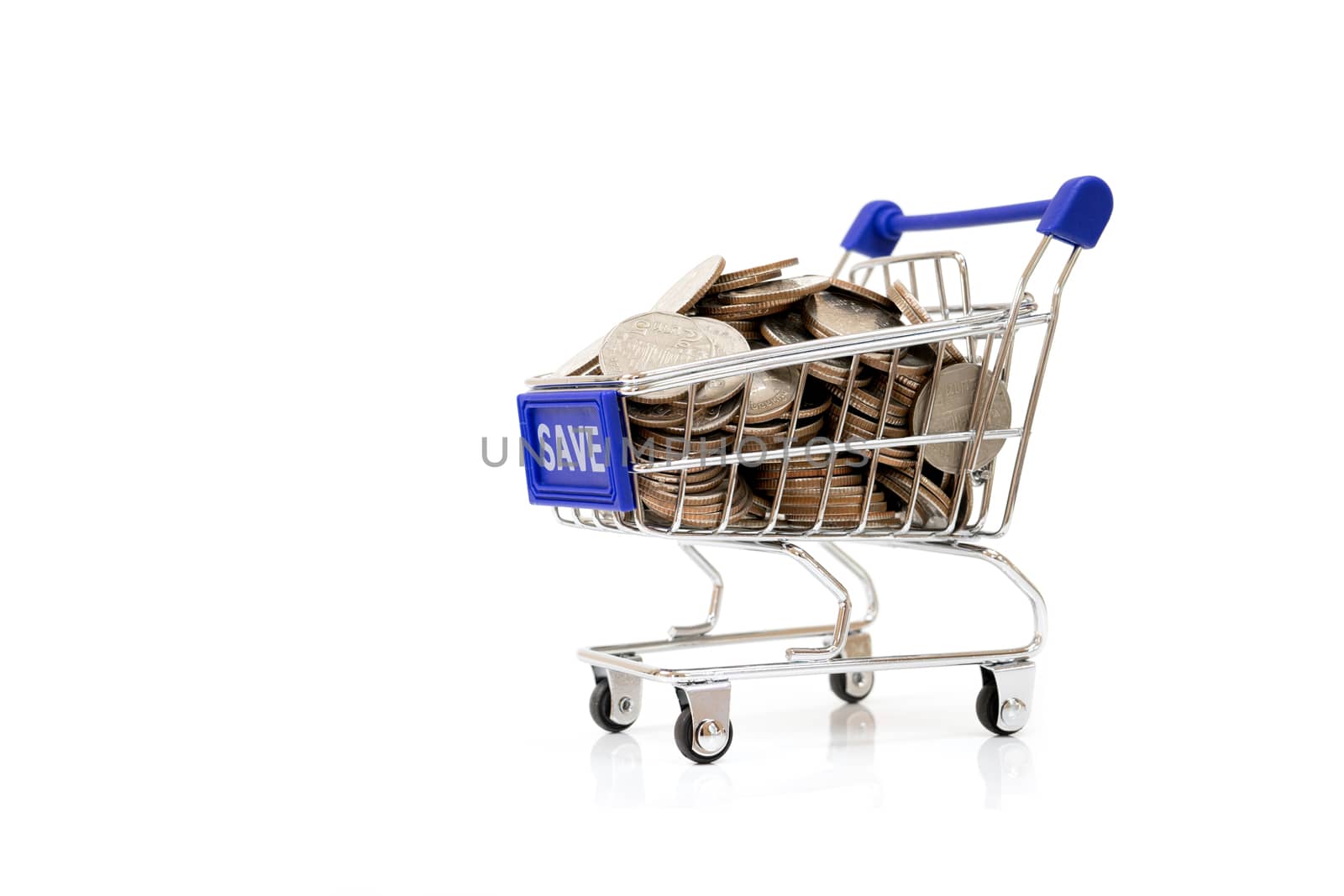 Save concept with shopping cart with full of coin.