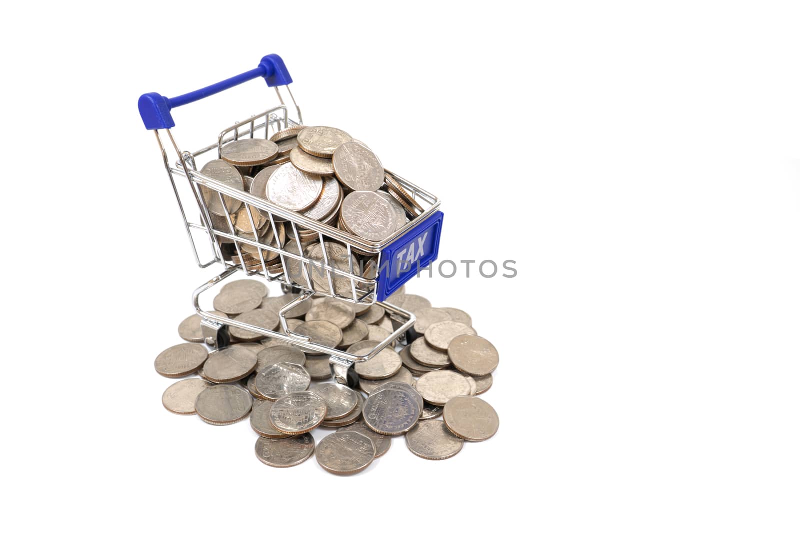 Tax concept with shopping cart with full of coin.