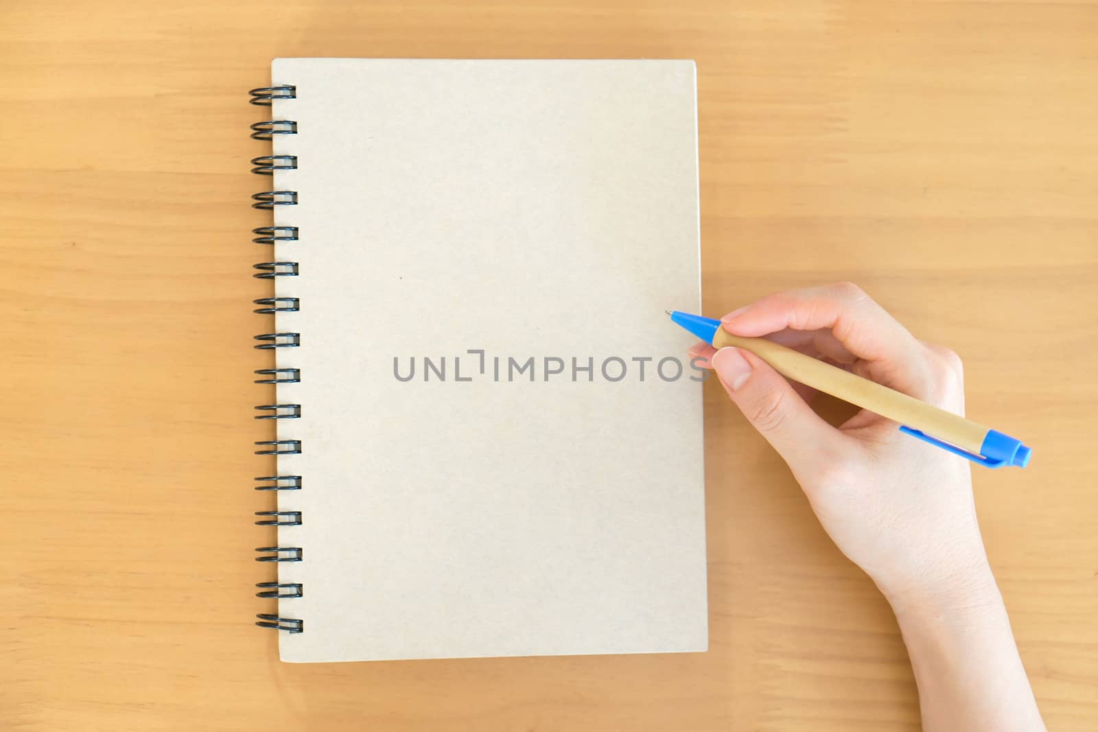 female hands with pen writing on notebook