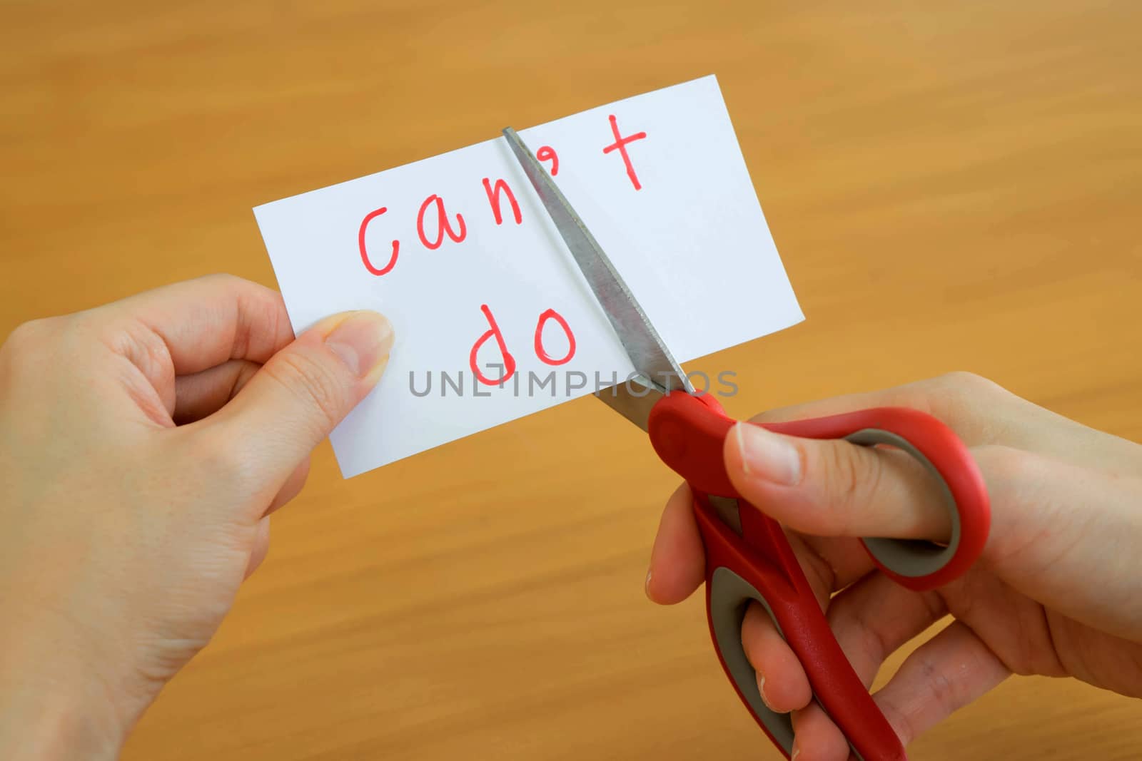 holds card with text can't do on wood plate