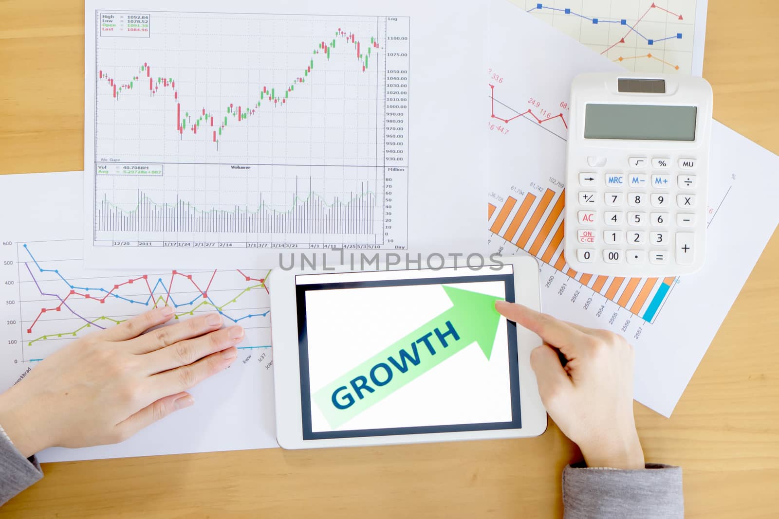 business, office, school and money concept - woman with chart paper, tablet pc and forex chart in it