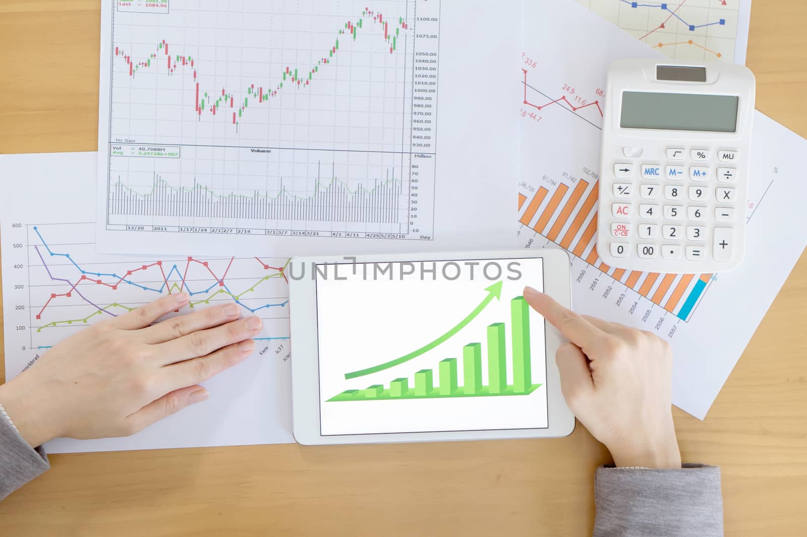 business, office, school and money concept - woman with chart paper, tablet pc and forex chart in it