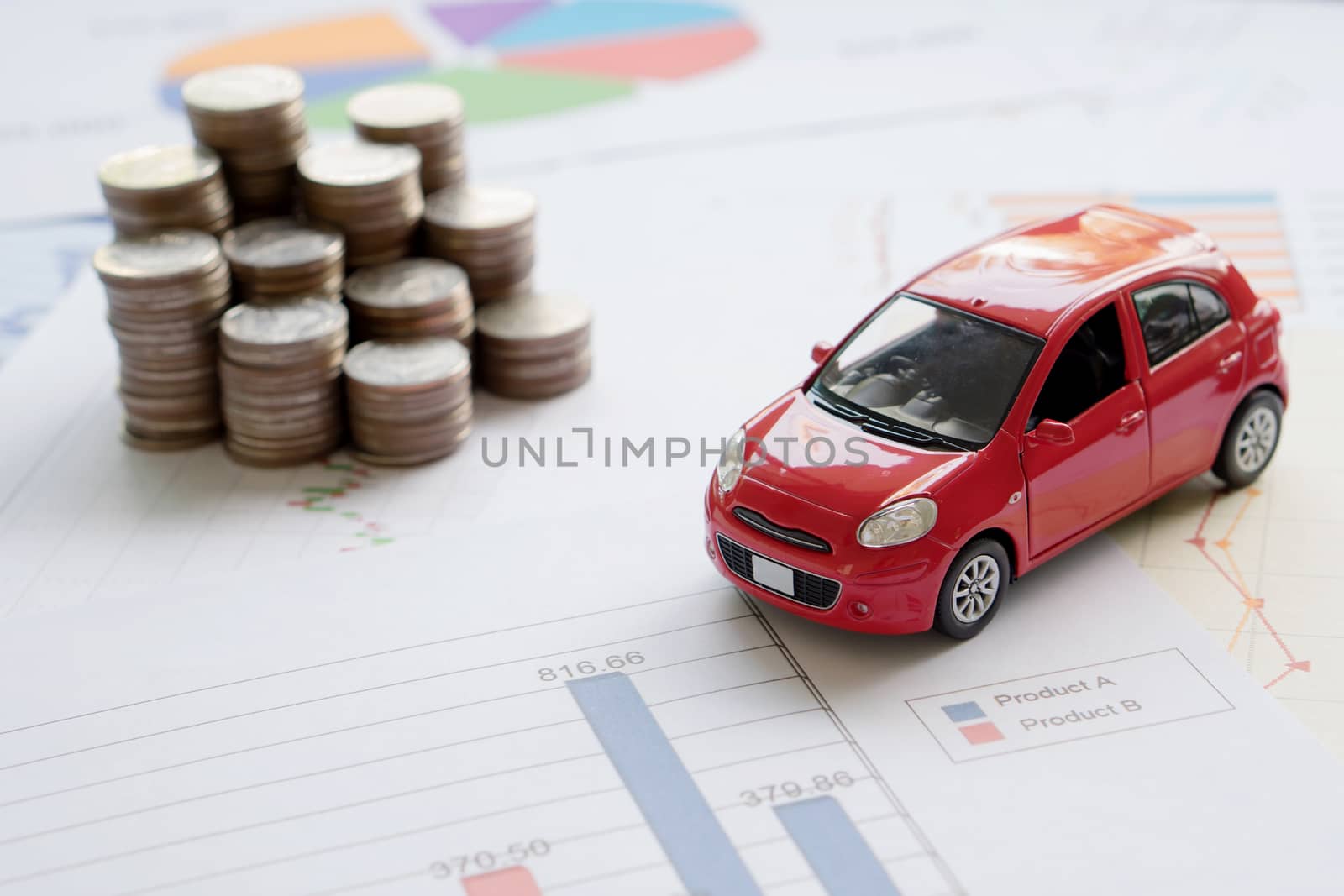 Car model and Financial statement with coins. (finance and car loan concept)