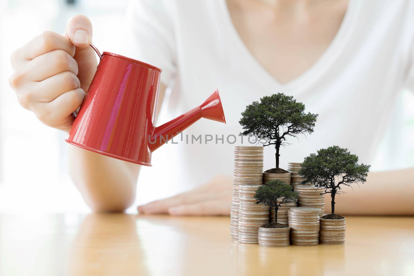 hand business woman and red watering can with money