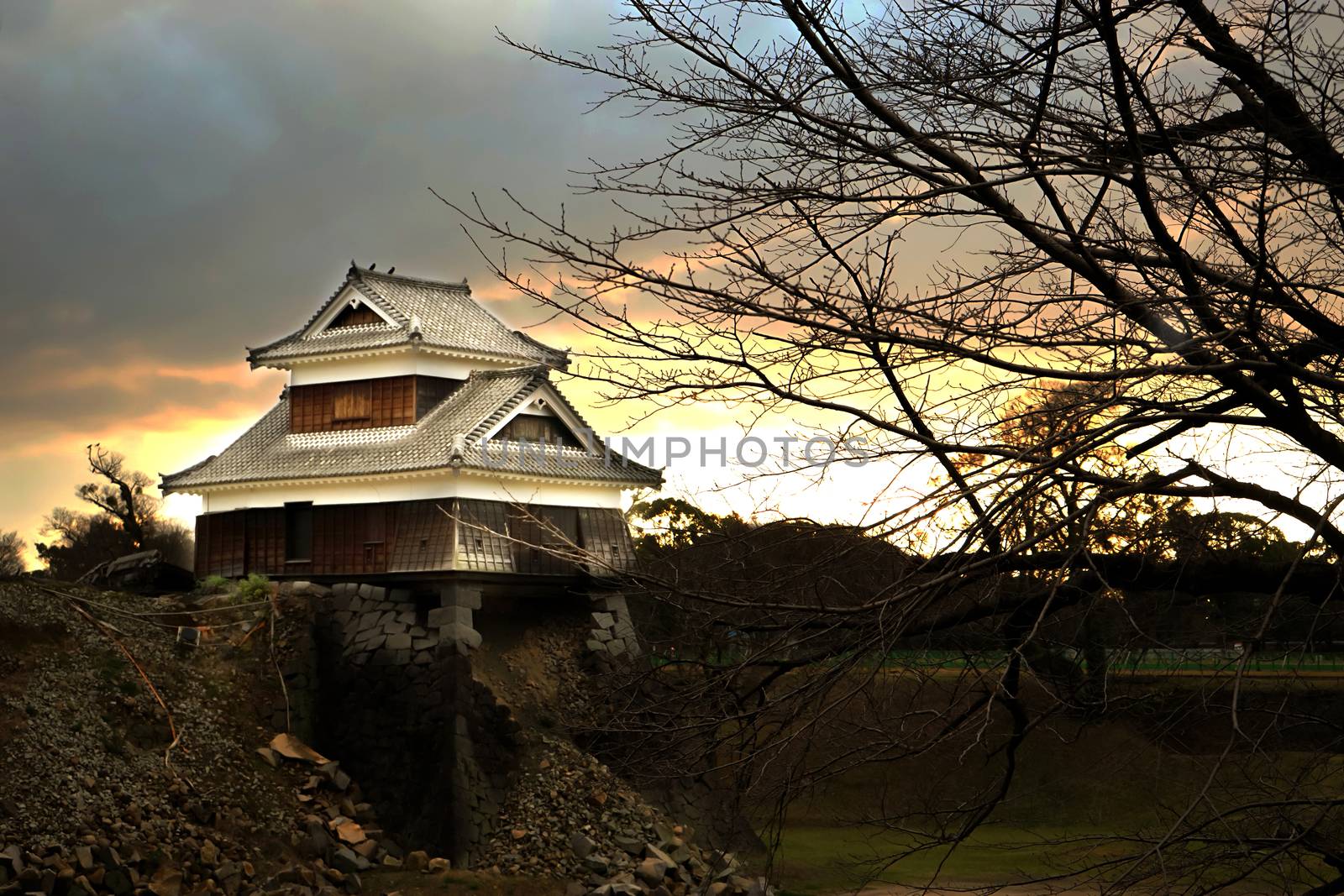 KUMAMOTO - DEC,16 : Landscape of Kumamoto castle, a hilltop Japanese castle located in Kumamoto Prefecture on the island of Kyushu.The main castle was damaged by earthquake and now repairing. JAPAN DEC,16 2016  