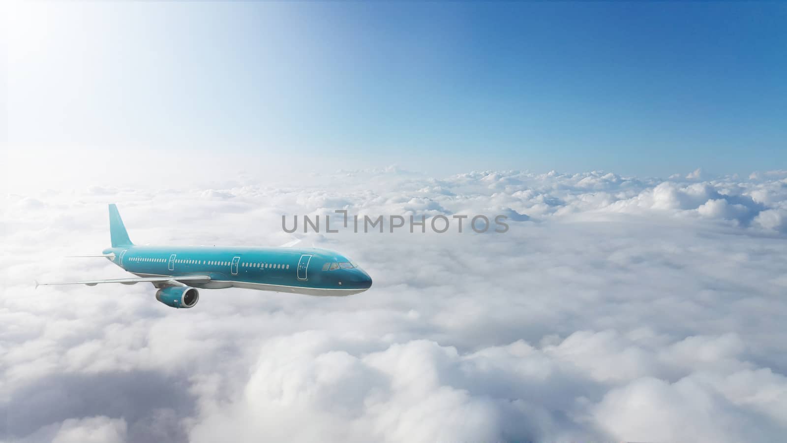 Commercial airplane flying above clouds