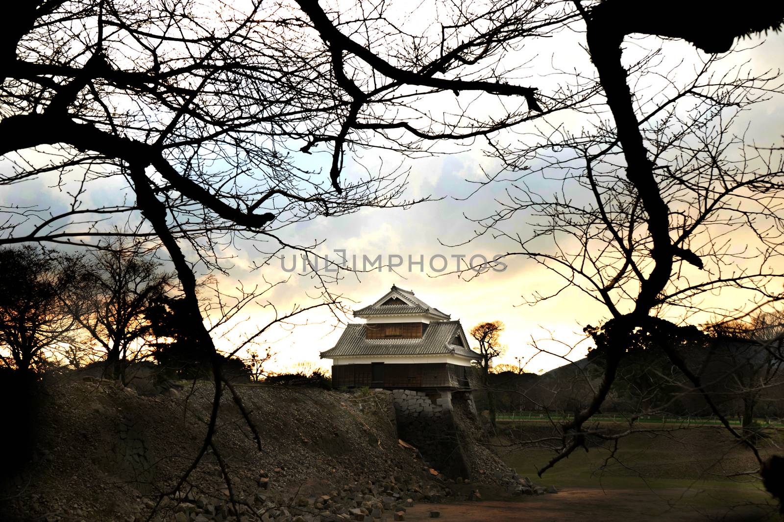 KUMAMOTO - DEC,16 : Landscape of Kumamoto castle, a hilltop Japanese castle located in Kumamoto Prefecture on the island of Kyushu.The main castle was damaged by earthquake and now repairing. JAPAN DEC,16 2016