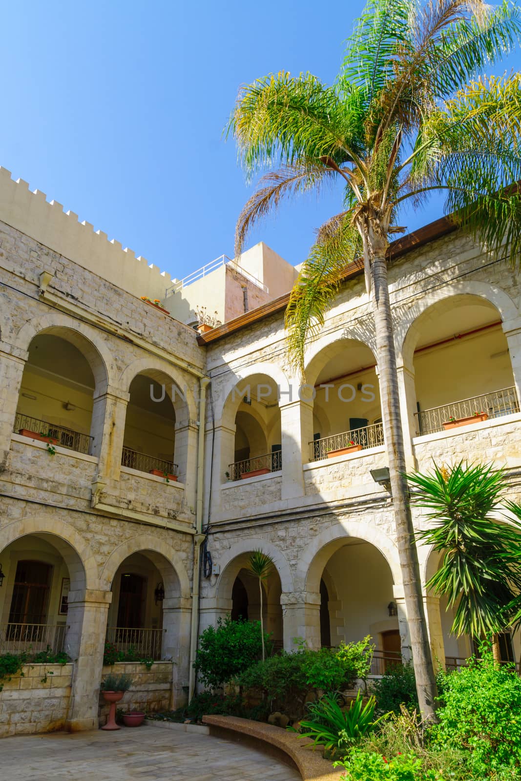 HAIFA, ISRAEL - OCTOBER 27, 2017: The yard of the Sacred Heart (Sacre Coeur) monastery, now serve as a religious hospice, in Haifa, Israel