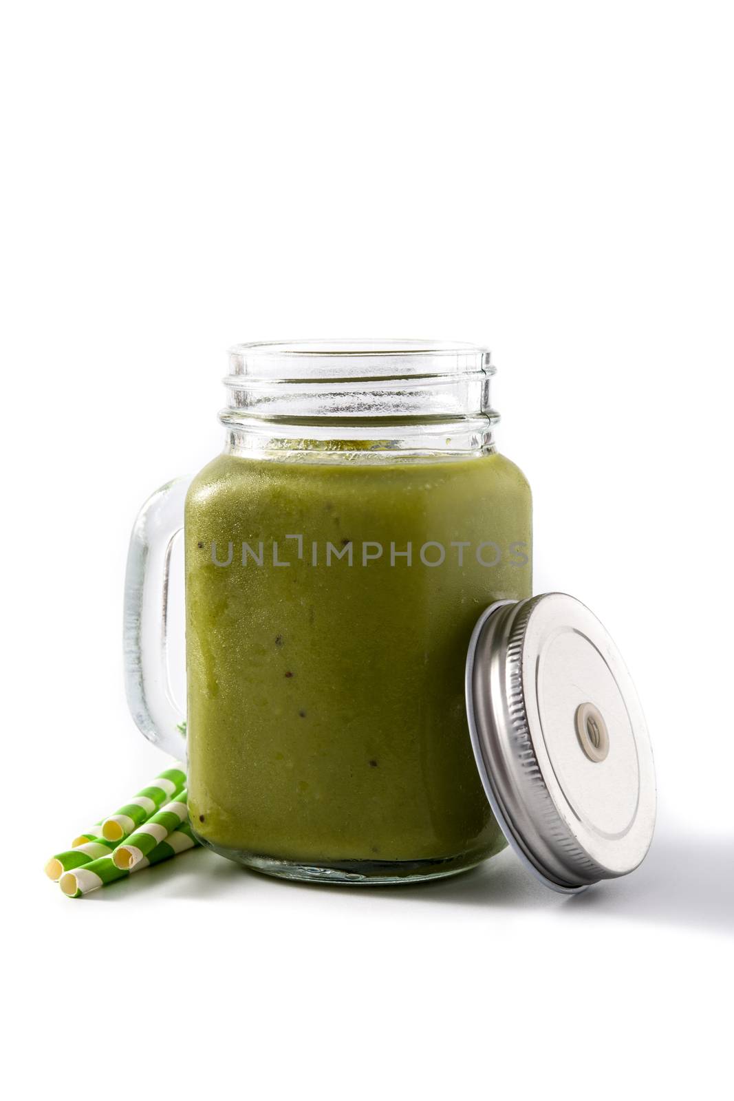 Healthy green smoothie with spinach,mint, kiwi, ginger and green isolated on white background.