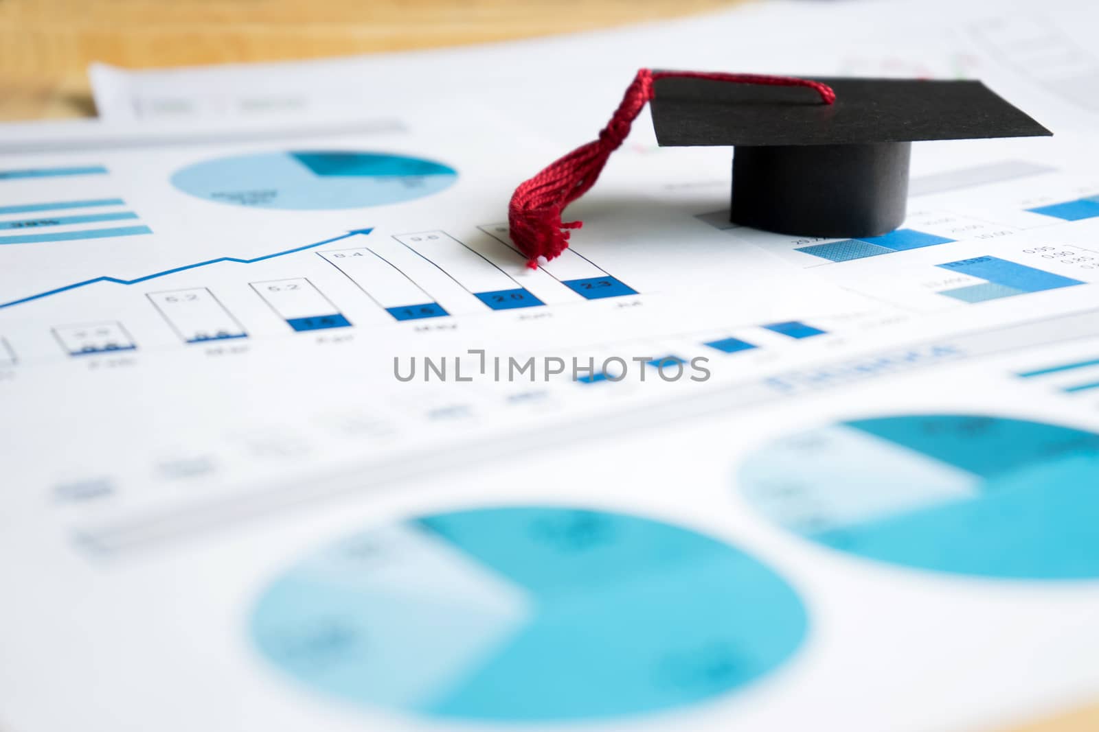 graduation caps on blue graphs and charts printed by ekachailo