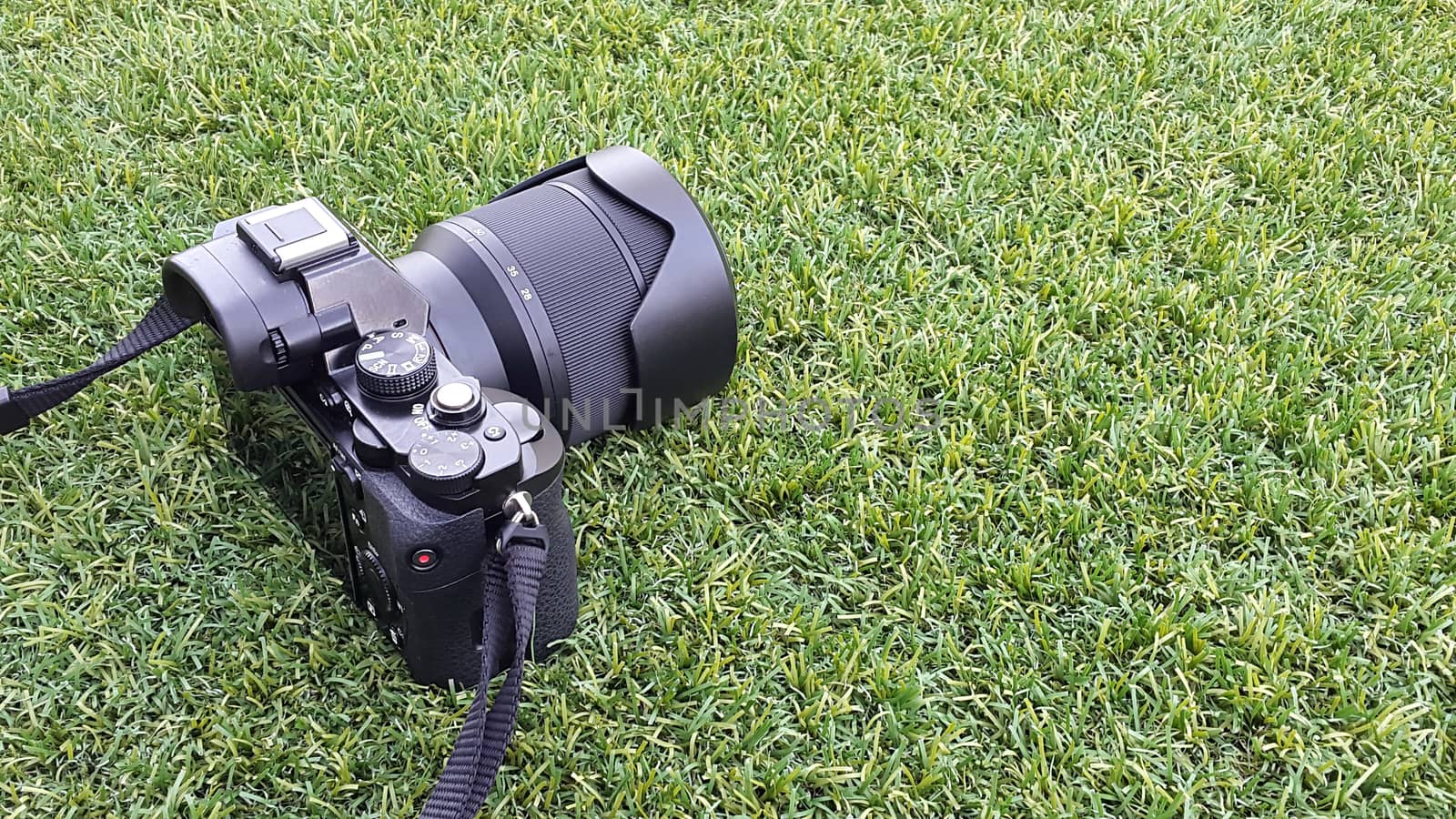 Digital photo camera on grass in summer.  by ekachailo