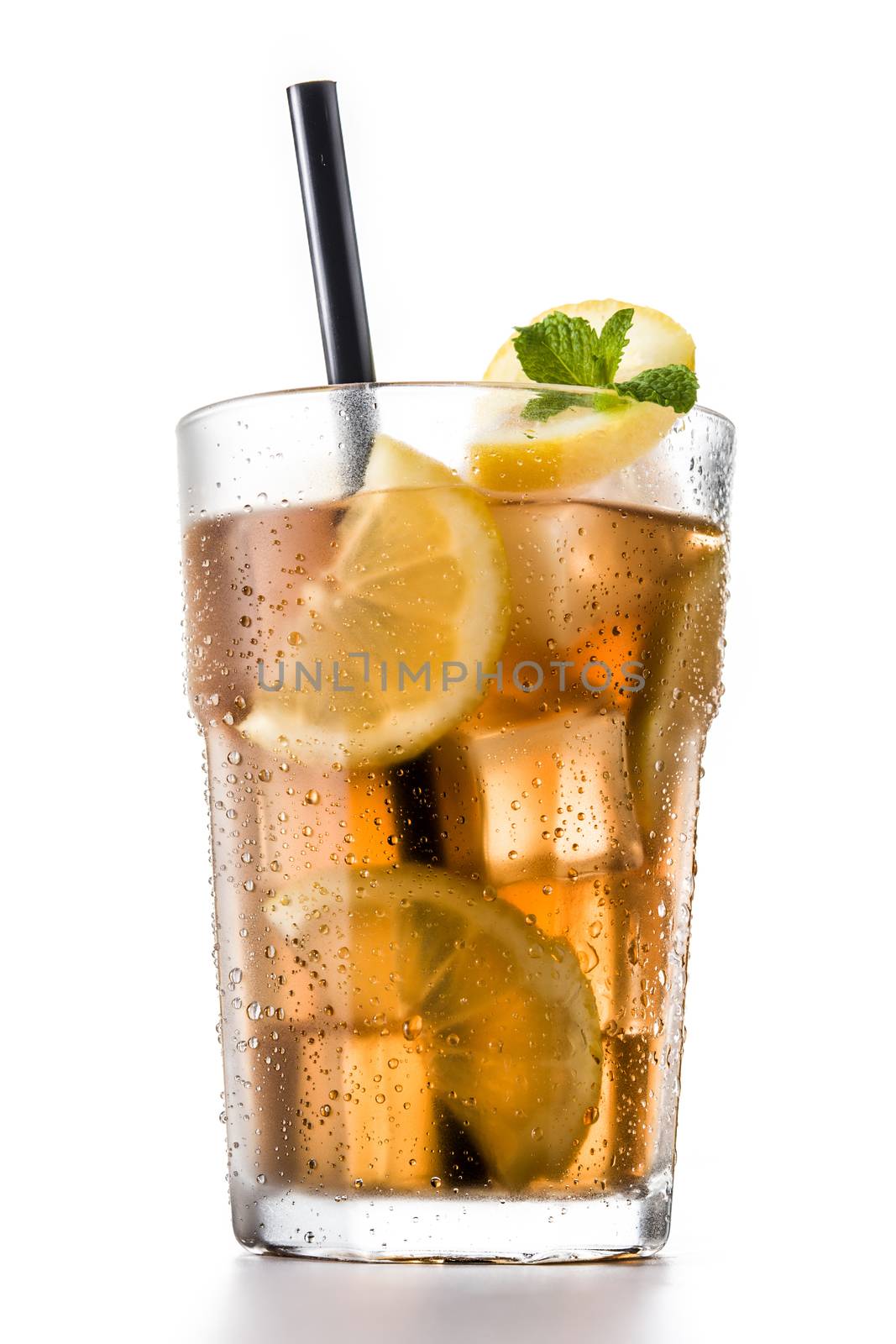 Iced tea drink in glass isolated on white background